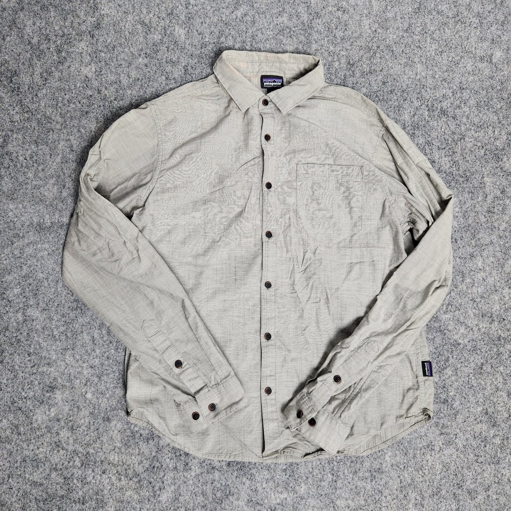 Patagonia Shirt Men M Beige Organic Cotton Slub Poplin‎ Button Down Outdoor Hike